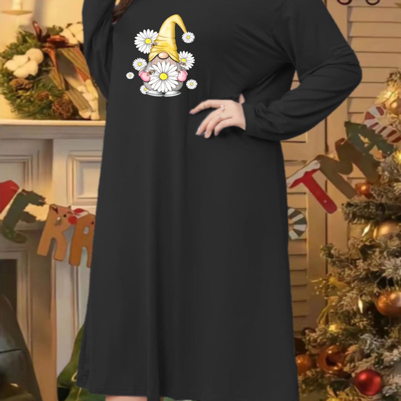 Gnome & Daisy Print Long Sleeve Round Neck Sleep Dress