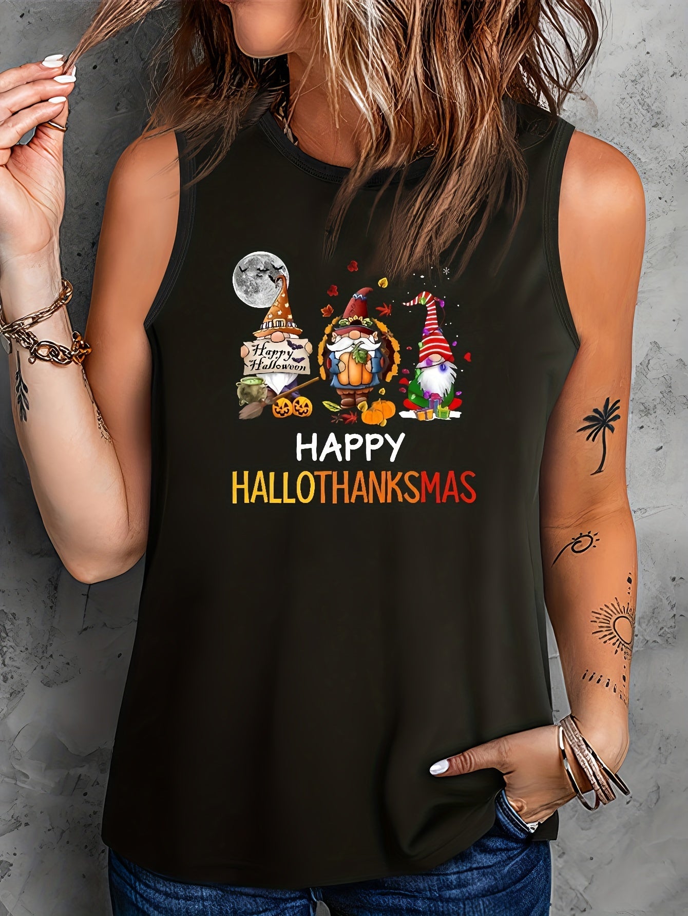 Gnomes & Bat Print Round Neck Tank Top