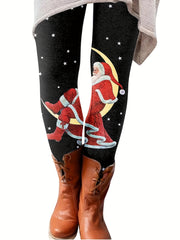 Christmas Leggings Women's Plus Size Santa Claus & Moon & Star Print
