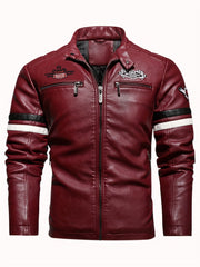 Men's Embroidery Cycling Jacket Casual Stand Collar PU Leather Zip Up Jacket