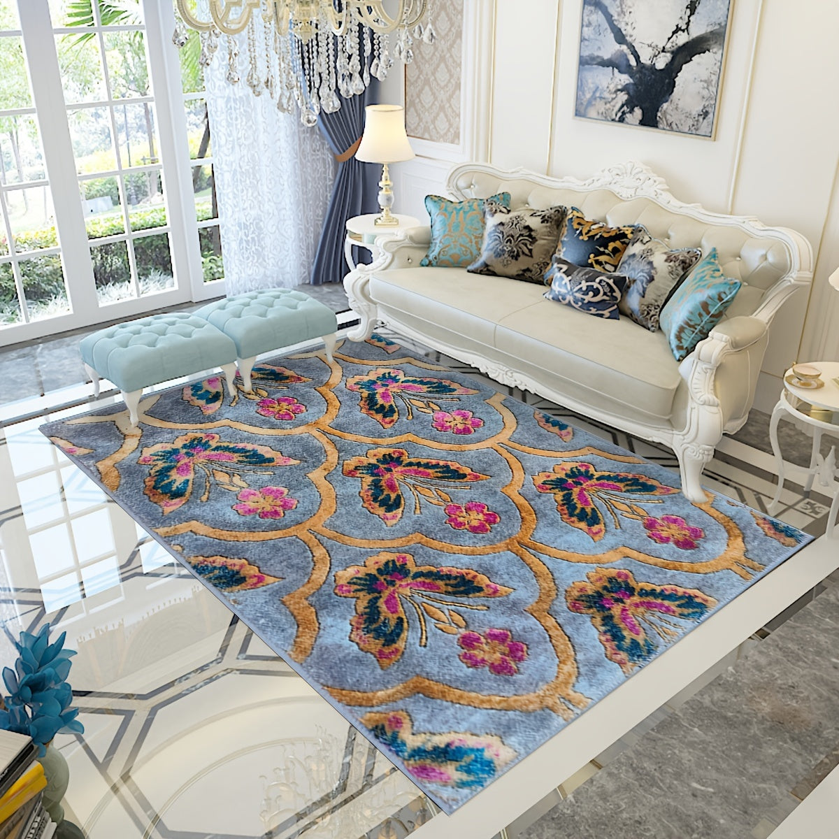 Vintage Floral Faux Wool Area Rug - American Style Living Room Bedroom Carpet