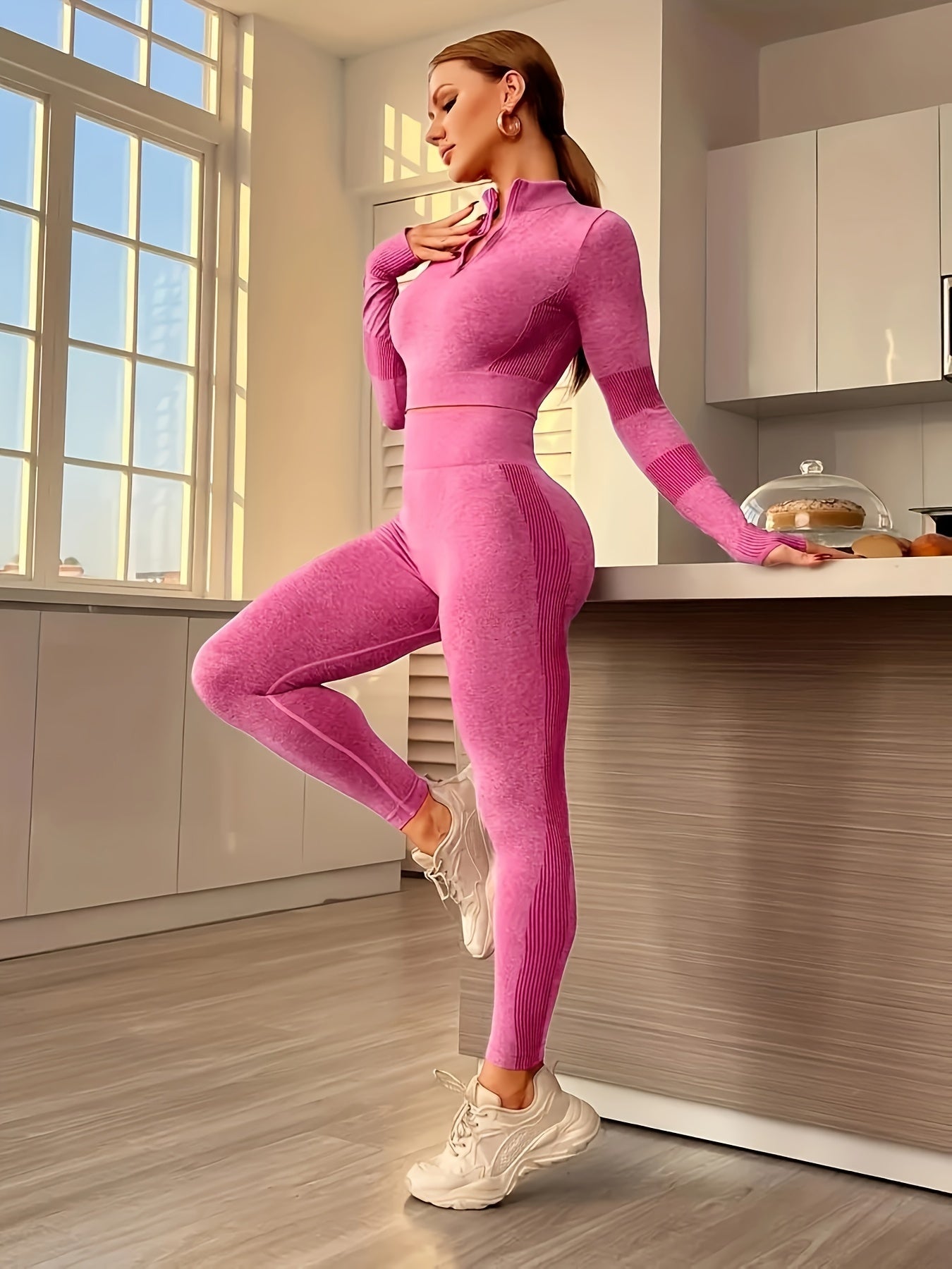 2Pcs Slimming Yoga Set Half Zipper Long Sleeves Top & Running Pant