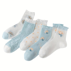 5 Pairs Floral Print Ruffle Socks Hollow Out Mid Tube Stockings