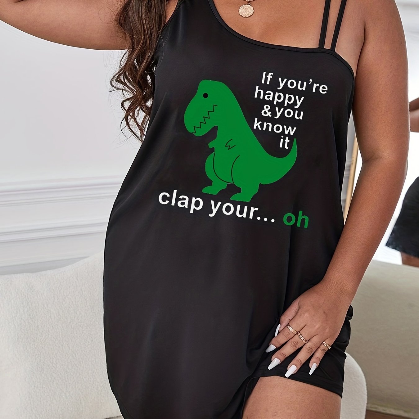 Dinosaur & Letter Print Slip Strap Tank Sleep Dress