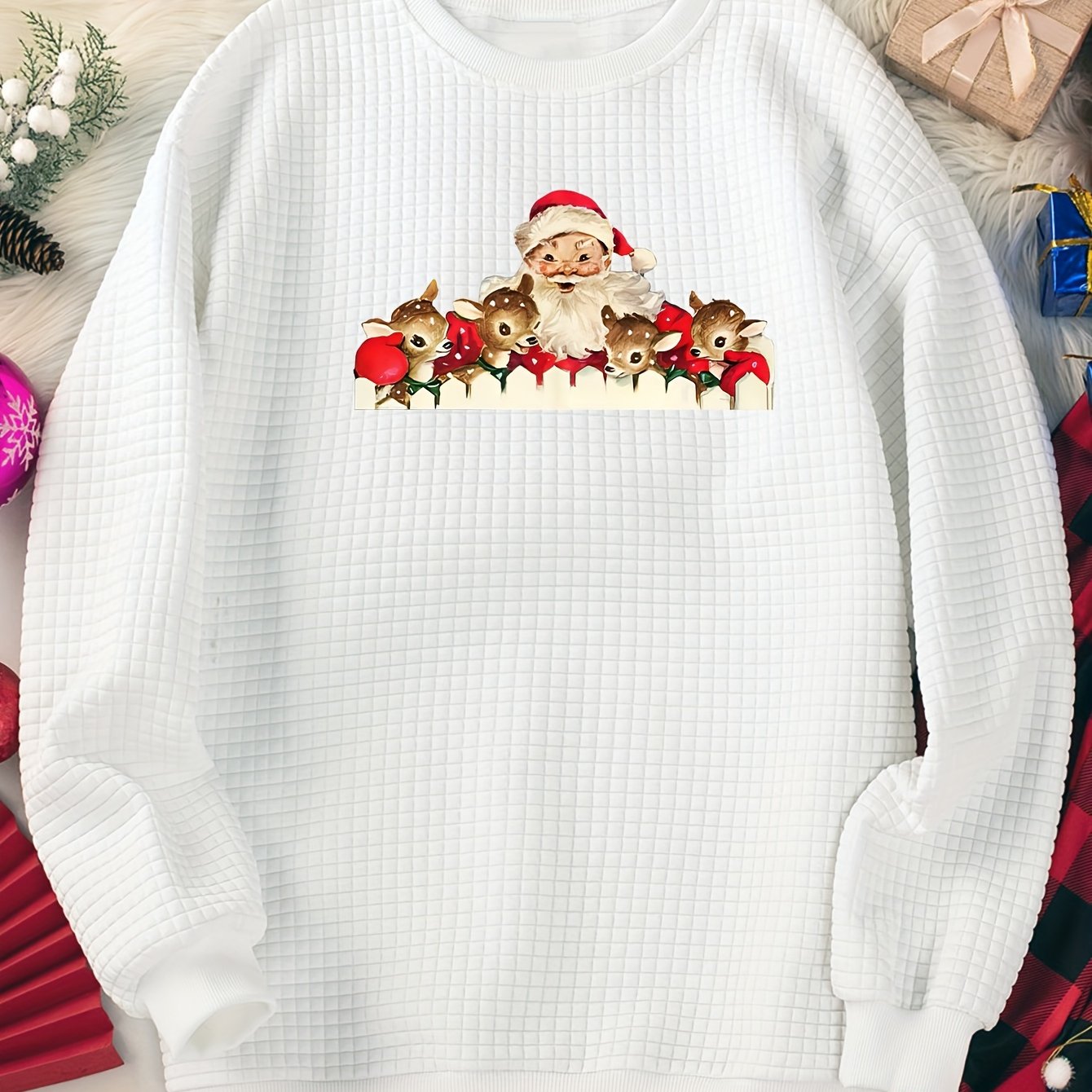 Women's Plus Size Christmas Lounge Top Elk & Santa Print Crew Neck Long Sleeve