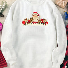 Women's Plus Size Christmas Lounge Top Elk & Santa Print Crew Neck Long Sleeve