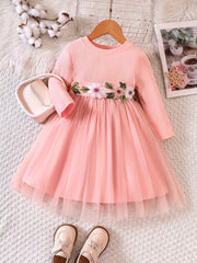 Girls Flowers Embroidered Belt Mesh Tutu Dress