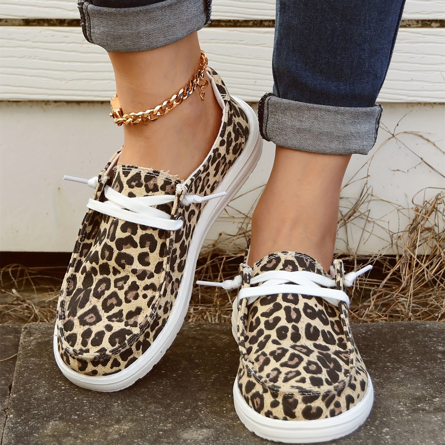 Leopard Print Boat Shoes Lace Up Flat Canvas Shoes
