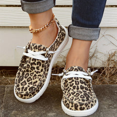 Leopard Print Boat Shoes Lace Up Flat Canvas Shoes
