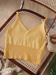 Cherry Pattern Embroidered Knit Crop Cami Top Cutout V Neck Summer Sleeveless