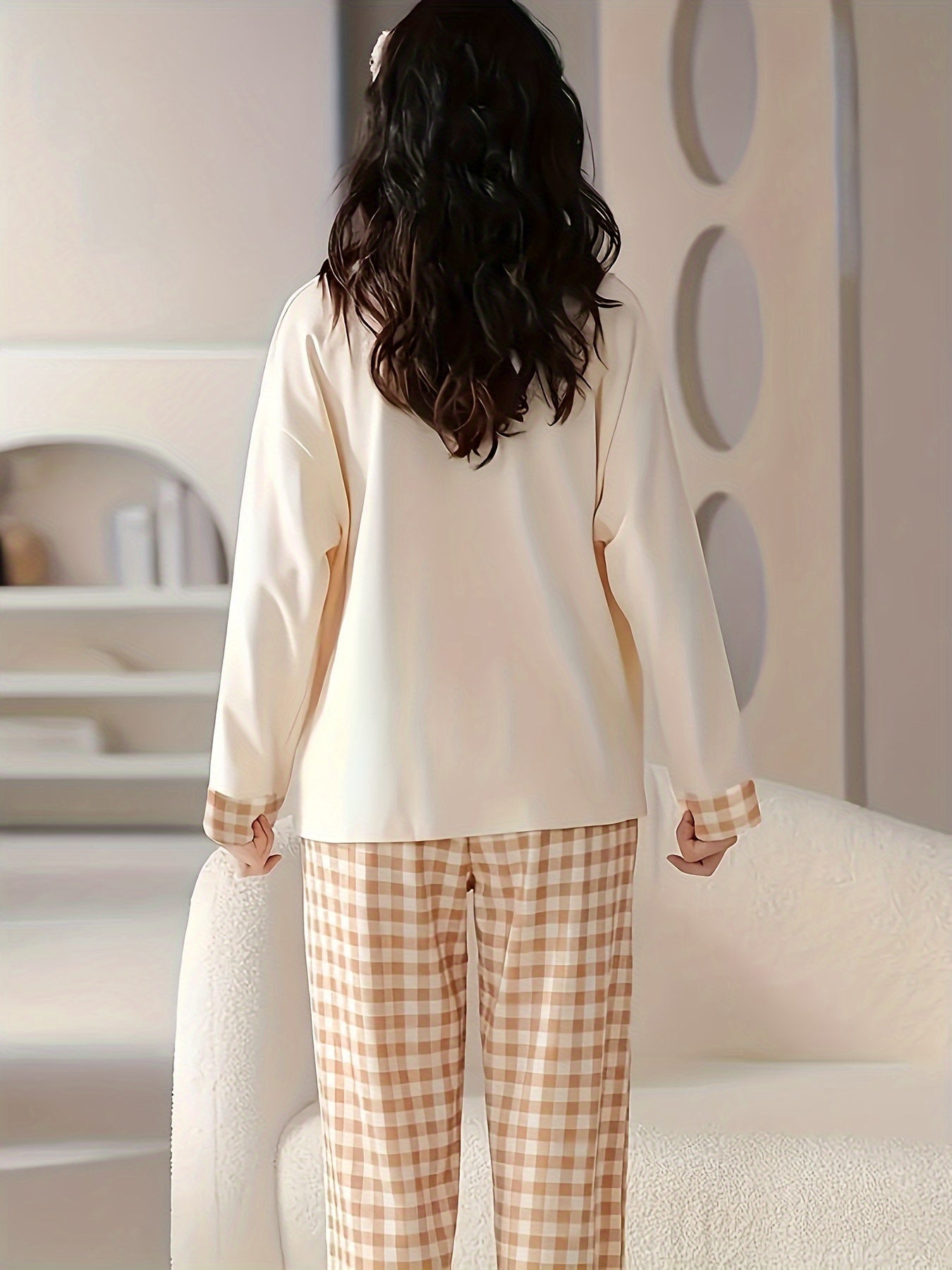Bear Print Pajama Set Long Sleeve Top & Plaid Pants Women's Sleepwear