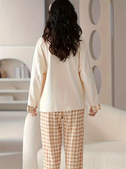 Bear Print Pajama Set Long Sleeve Top & Plaid Pants Women's Sleepwear