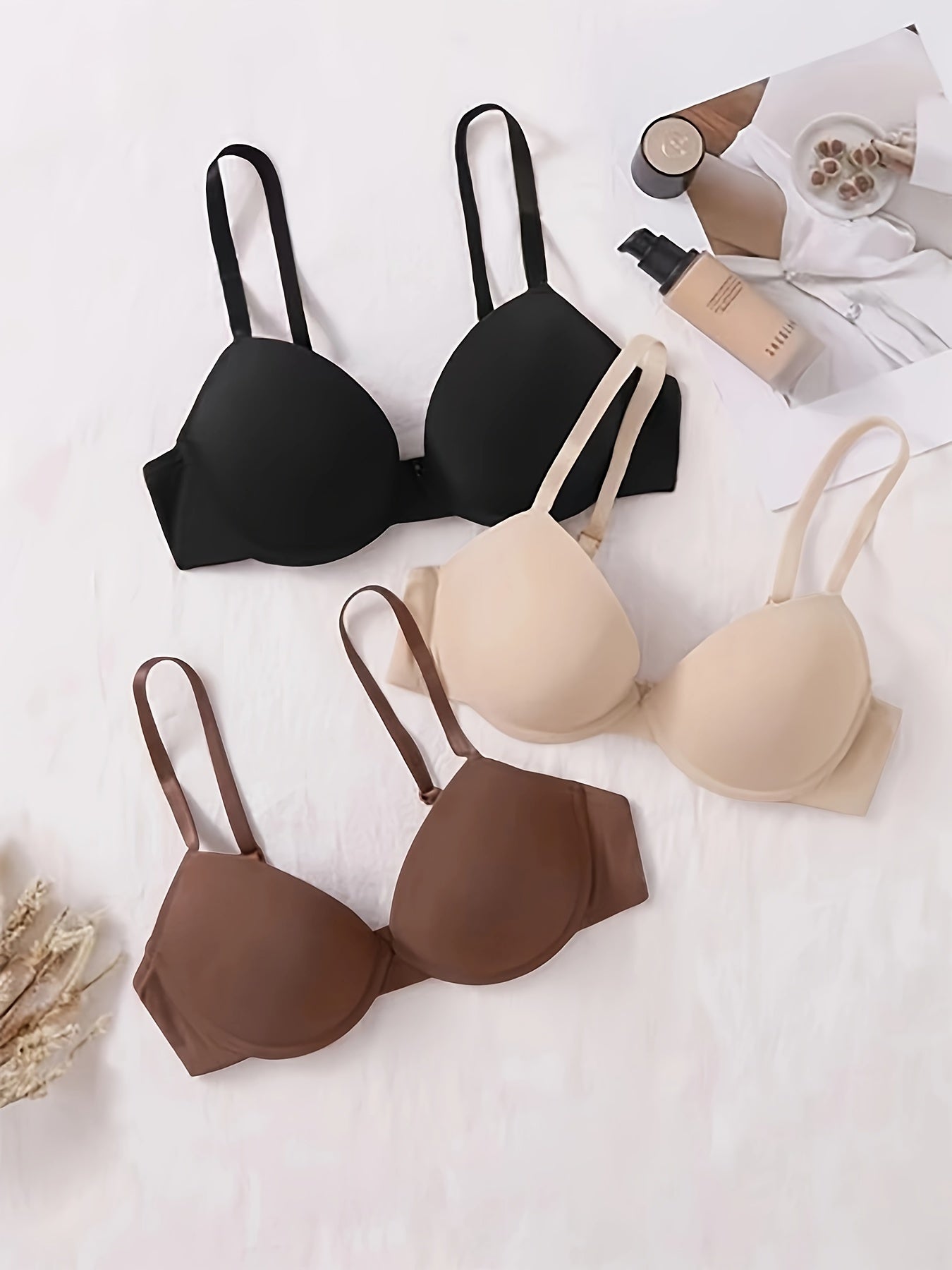 3pcs Solid T Shirt Bras Comfy Push Up Bra Women's Lingerie