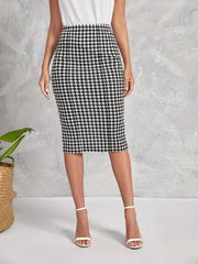 Houndstooth Print Split Skirt High Waist Bag Hip Women's Clothing