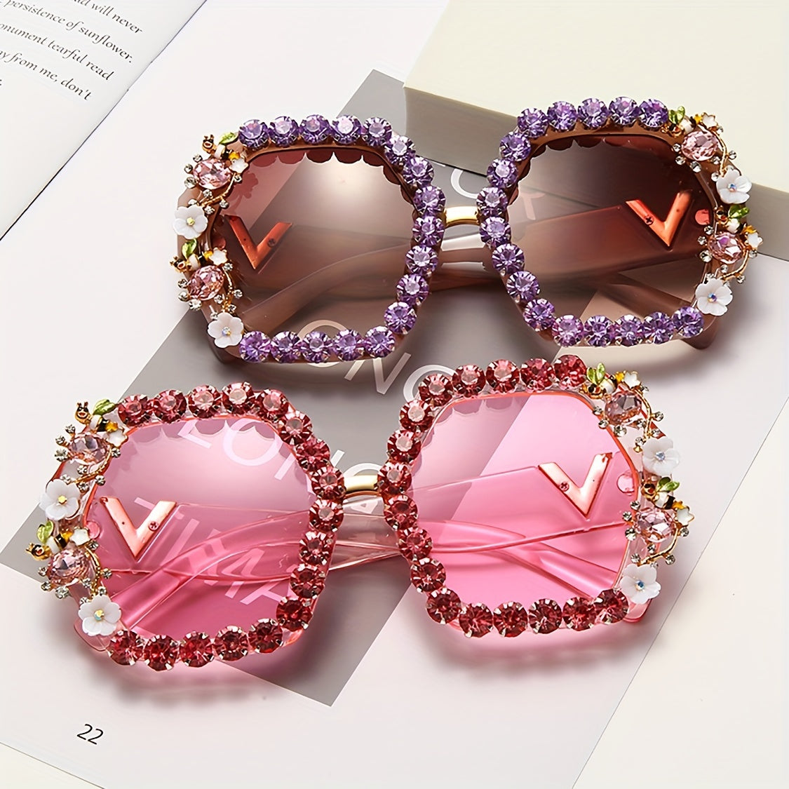 Ombre Lens Sunglasses Rhinestone Decor Square Frame Wide Temple Eyewear