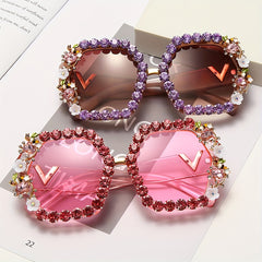Ombre Lens Sunglasses Rhinestone Decor Square Frame Wide Temple Eyewear