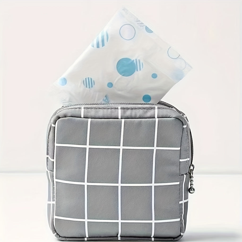 Plaid Pattern Storage Pouch Zipper Lightweight Sanitary Napkin Bag