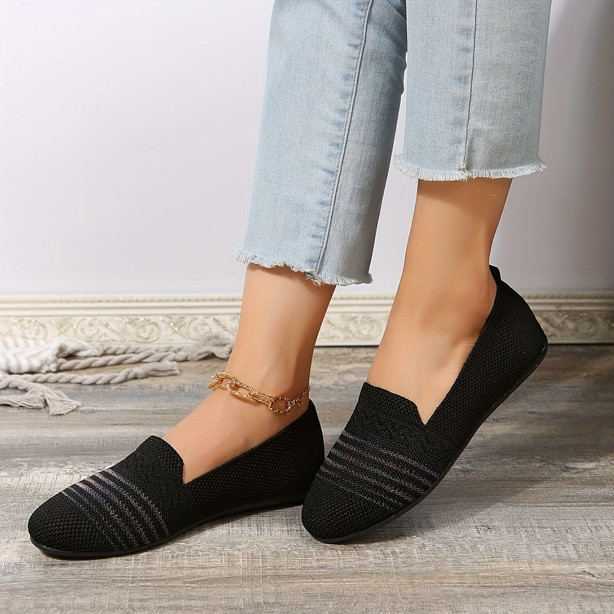 Women's Knitted Flat Shoes Almond Toe Slip On Soft Sole Casual Loafers