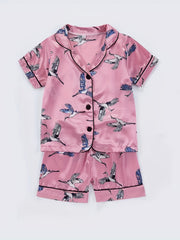 Kids Satin Pajamas Set Cartoon Birds Patterns Short Sleeve Nightwear