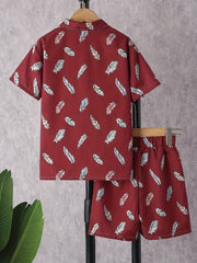 Boy's Feather Pattern Outfit 2pcs Short Sleeve Shirt & Shorts Set
