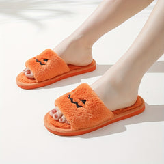 Women's Pumpkin Embroidery Slippers Plush Home Shoes Halloween Slippers