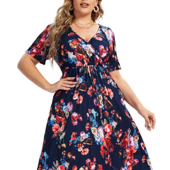 Floral Print V Neck Dress with Drawstring
