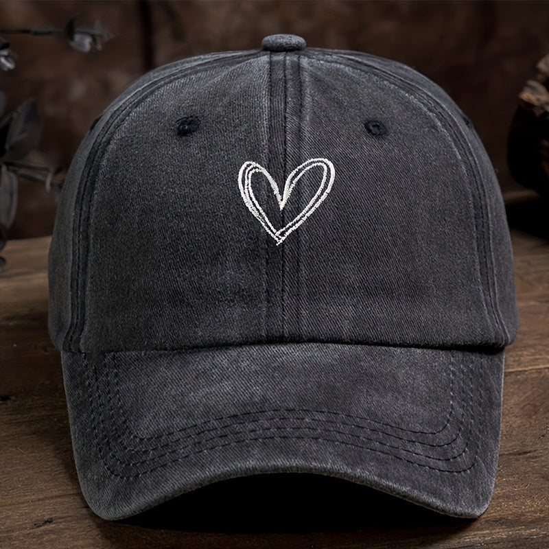 Washed Denim Heart Embroidery Baseball Cap