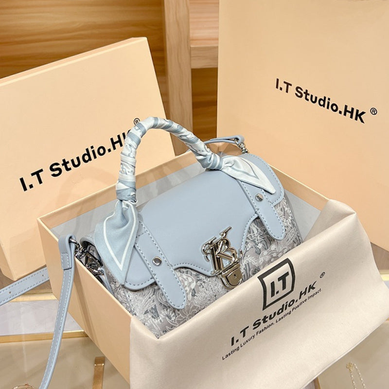 Sky Moire Pattern Handbag with Detachable Strap & Buckle Closure