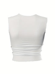 Ruched Crop Tank Top V neck Sleeveless Casual Summer Women's Clothing