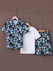 3pcs Baby Boys Tropical Graphic Shirt & Shorts Set for Summer