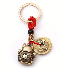 Lucky Cat 5 Emperors Keychain Solid Brass Car Key Ring