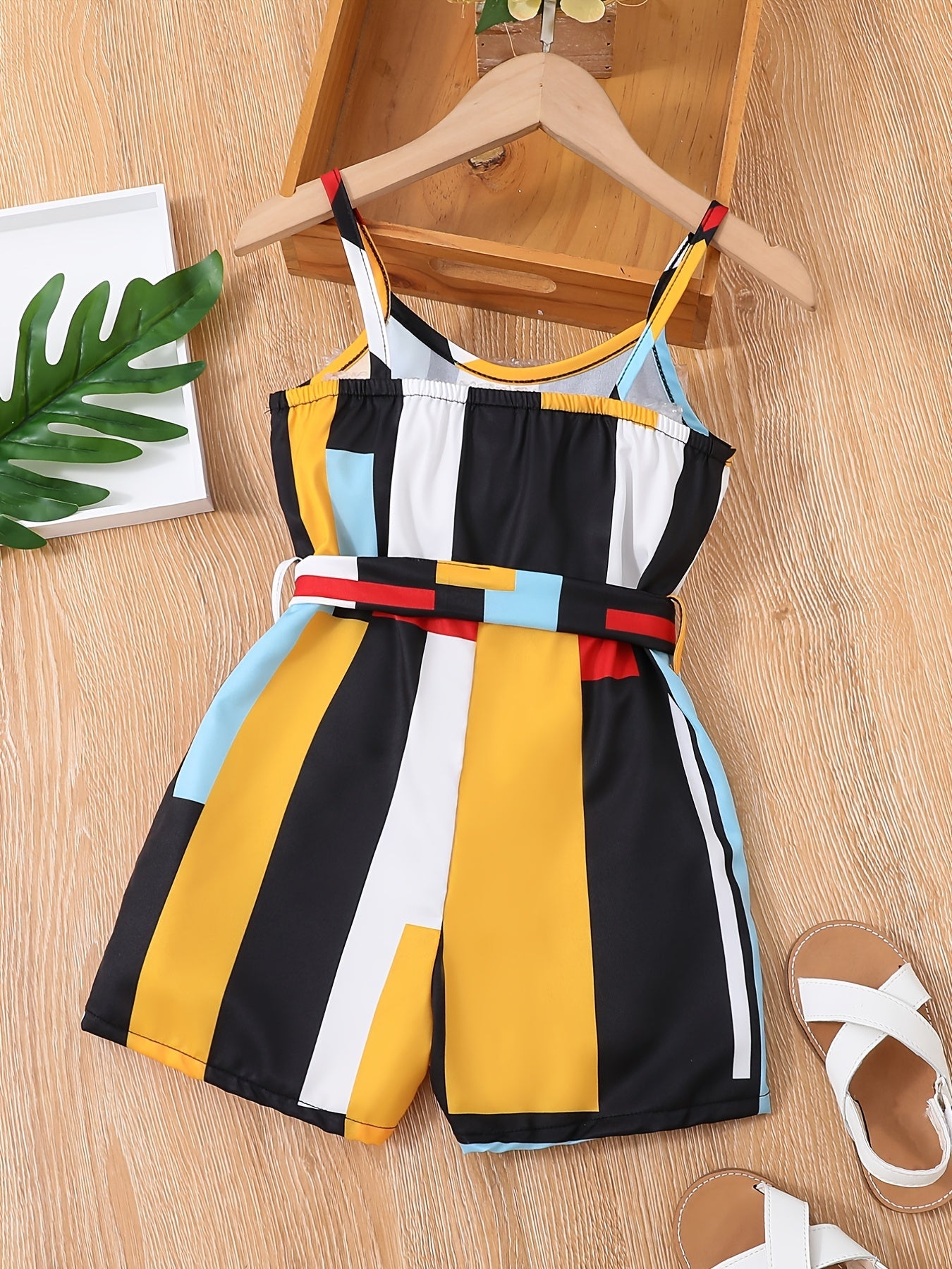 Girls Cami Romper Block Geometry Print Jumpsuit With Belt