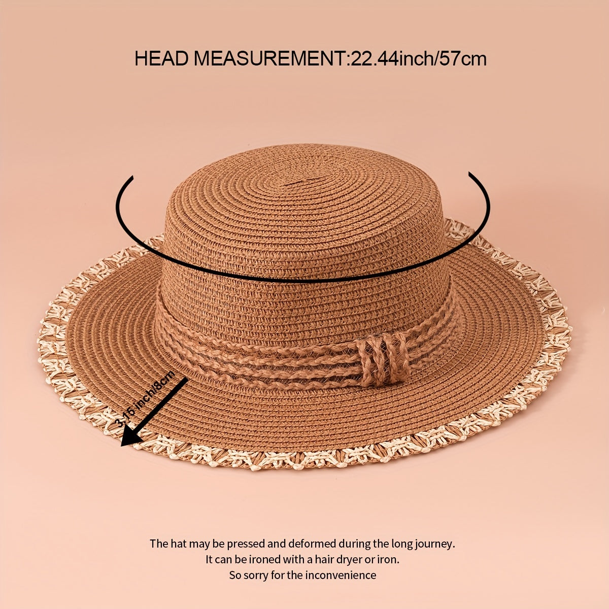 Flat Top Stitching Sun Hat Khaki Wide Brim Sunscreen Straw Hat
