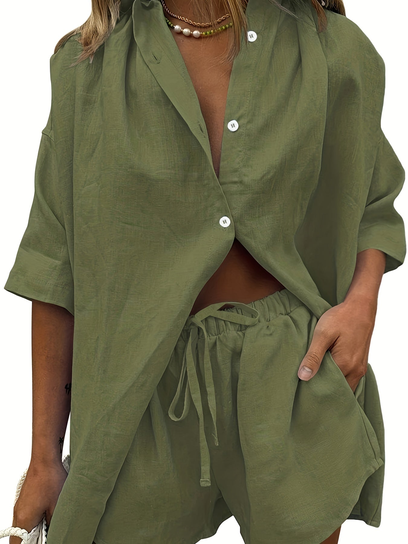Casual Drop Shoulder Blouse & Drawstring Shorts Set for Women