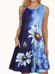 Daisy Print Tie Dye Dress Boho Crew Neck Sleeveless Dress Women's Clothing