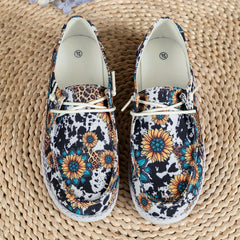 Leopard Print Canvas Lace-Up Flat Shoes Lightweight Slip-On