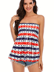 Star & Stripe Print Shirred Tube Top Bandeau Top for Summer