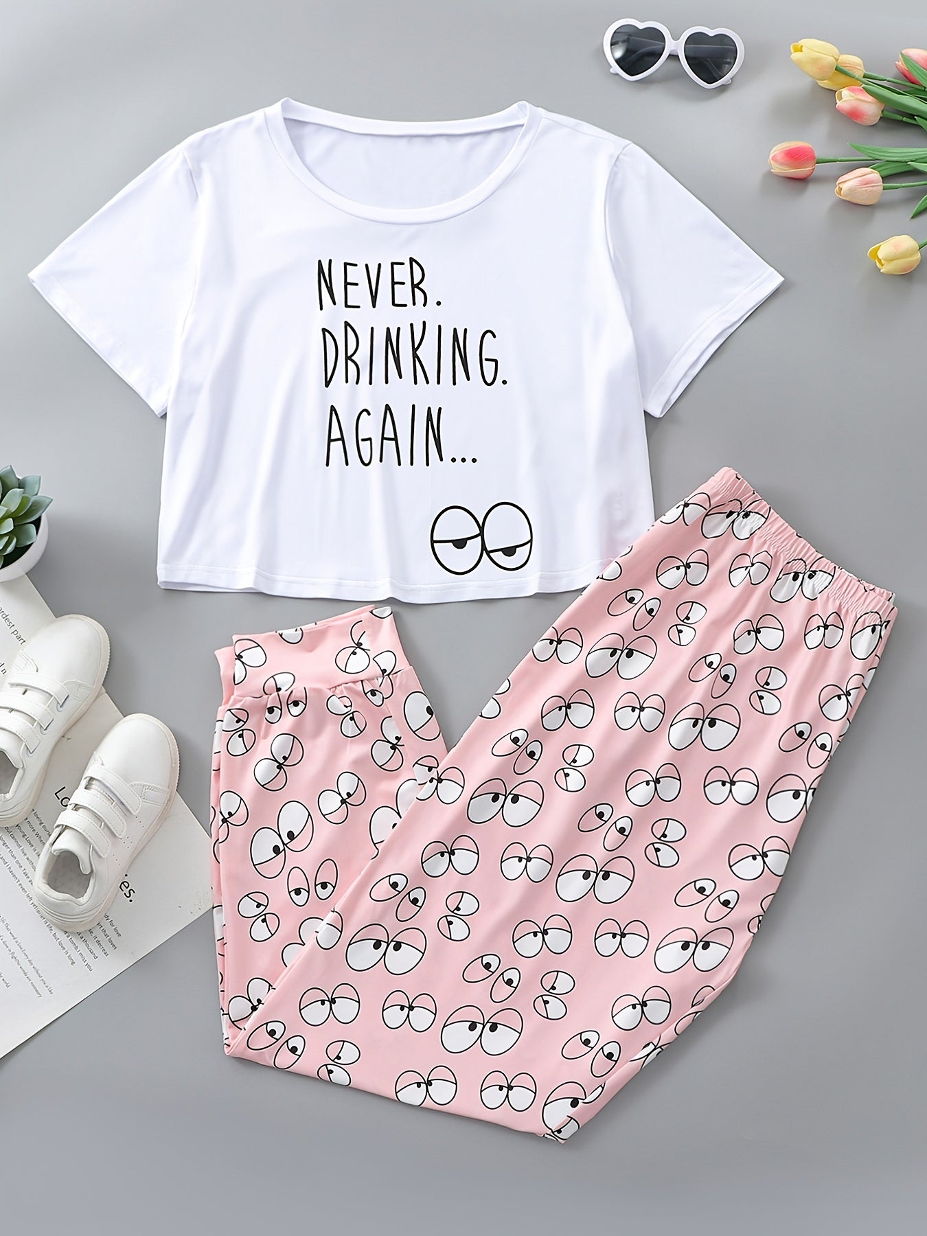 Casual Pajamas Set Women's Plus Tee & Cartoon Eye Print Pants 2pcs