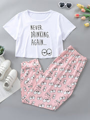 Casual Pajamas Set Women's Plus Tee & Cartoon Eye Print Pants 2pcs