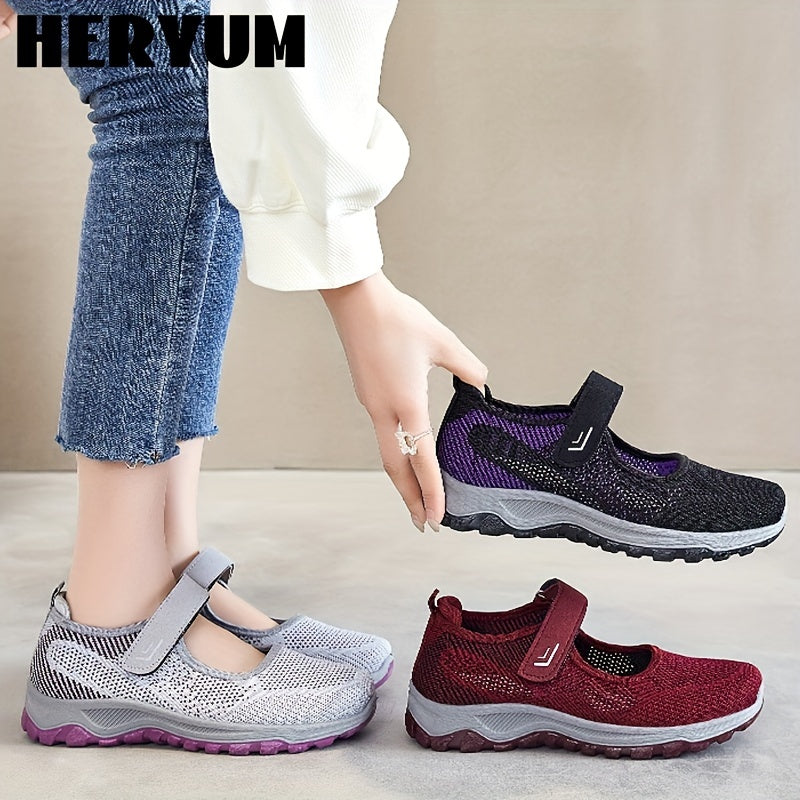 Women's Breathable Knit Sneakers Hook & Loop Outdoor Shoes