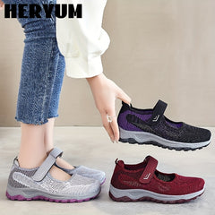 Women's Breathable Knit Sneakers Hook & Loop Outdoor Shoes