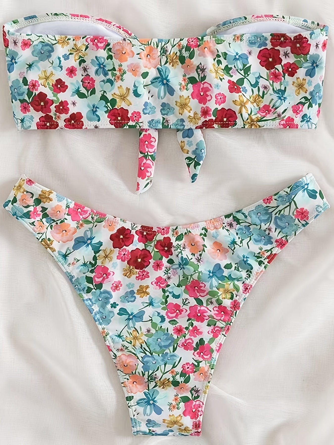 Floral Print Bandeau Bikini Sets Knot Front Strapless Tube Top