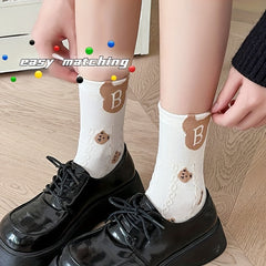 5 Pairs Cartoon Bear Print & Breathable Mid Tube Socks Women's Stockings