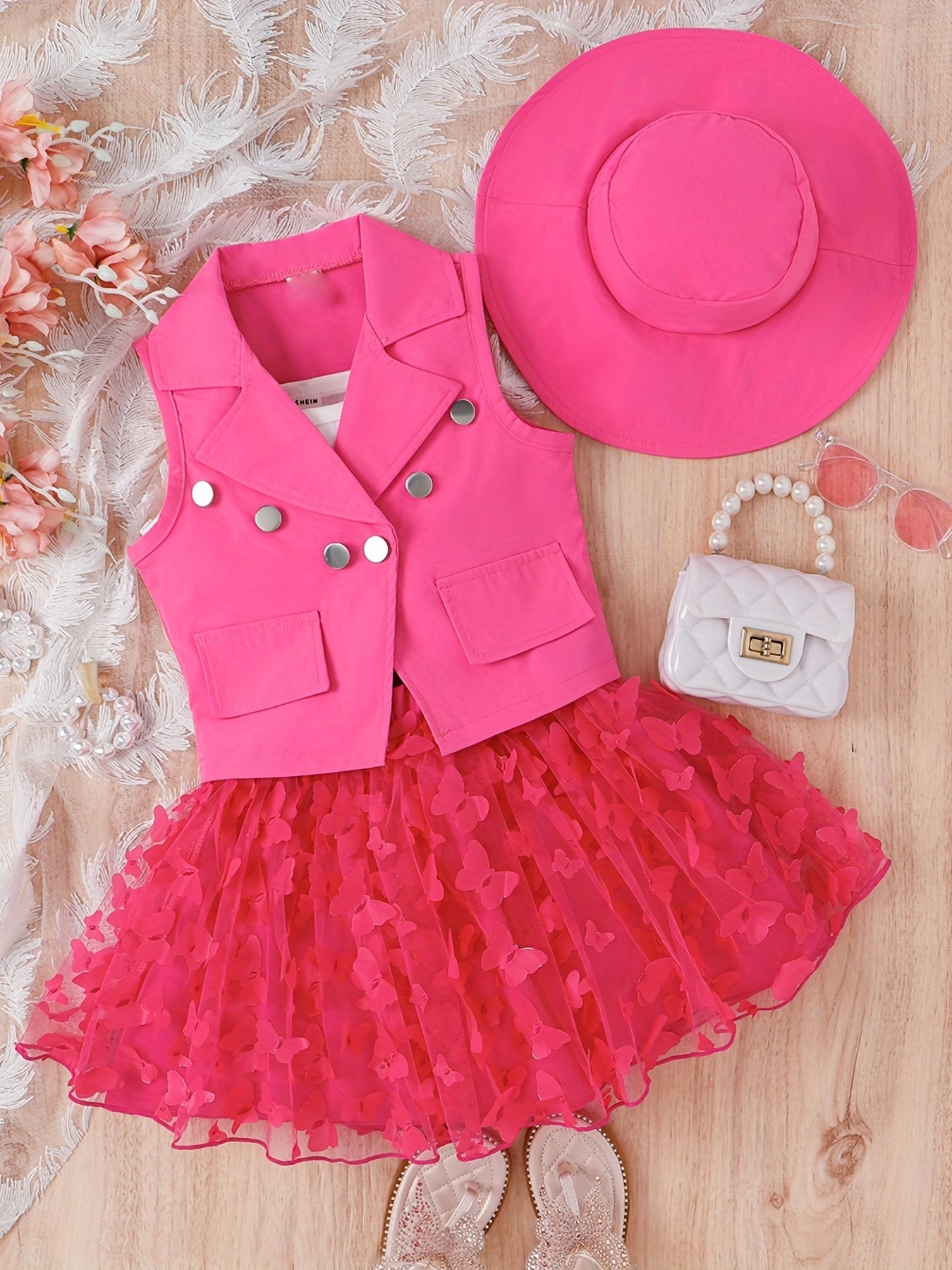Girls 3pcs Lapel Vest Top & Mesh Tutu Skirt & Hat Summer Set
