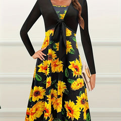 Casual Two Piece Set Knotted Open Front Tops & Sunflower Print Dress