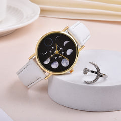 2pcs Girls Moon Watch & Ring Set Moon Shaped Accessory