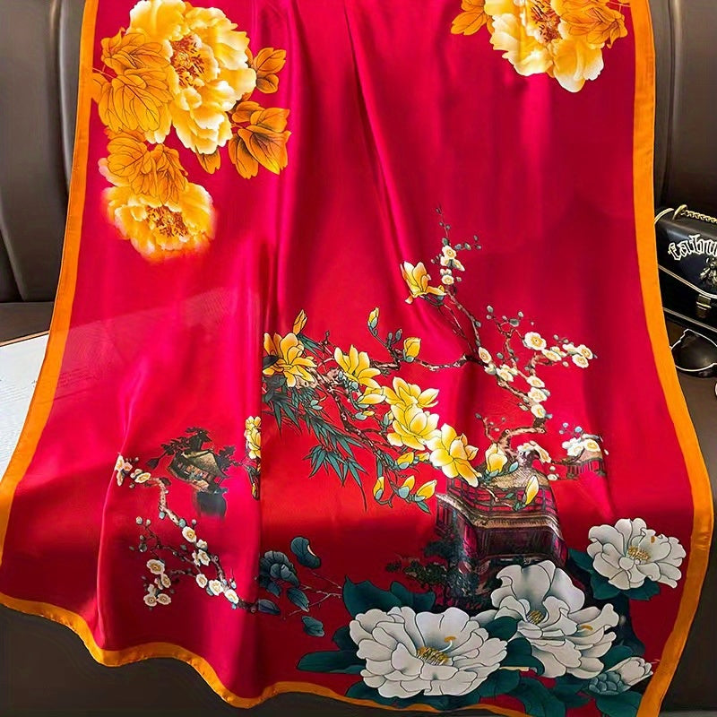 Vintage Flower Print Scarf Silk Shawl Satin Head Wrap Women Hijab