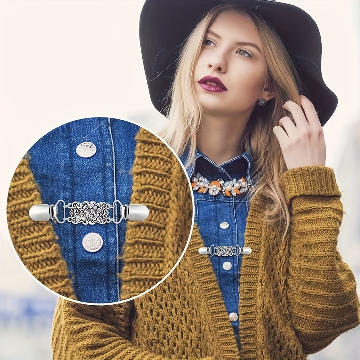 Vintage Alloy Sweater Clip Silk Scarf Cardigan Buckle Shirt Collar Clip