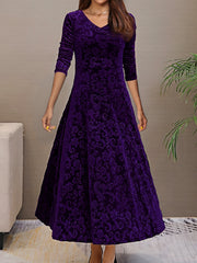 Velvet Floral Maxi Dress Long Sleeve Round Neck