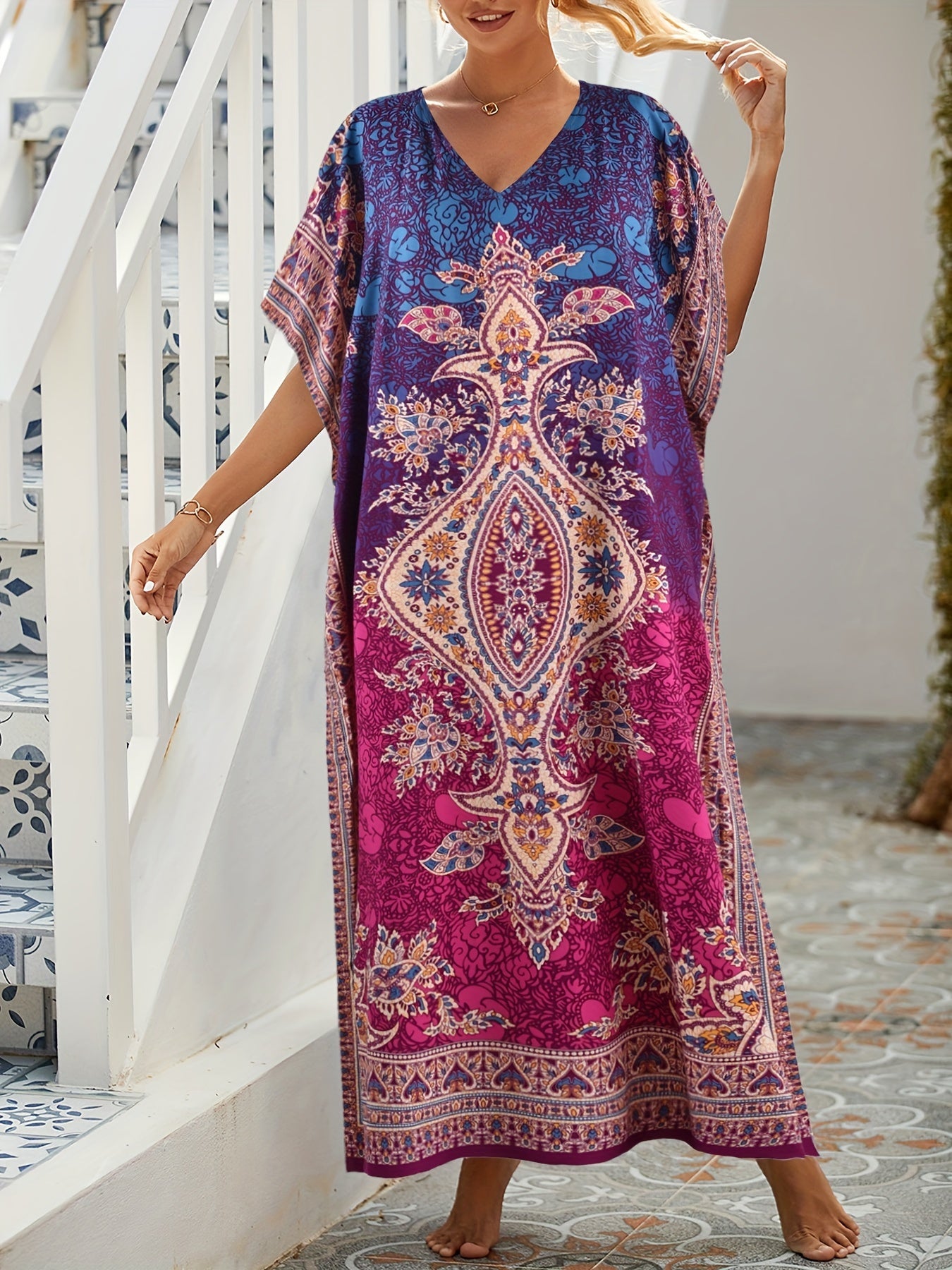 Boho Kaftan Dress Women's Tribal Print V Neck Maxi Beachwear